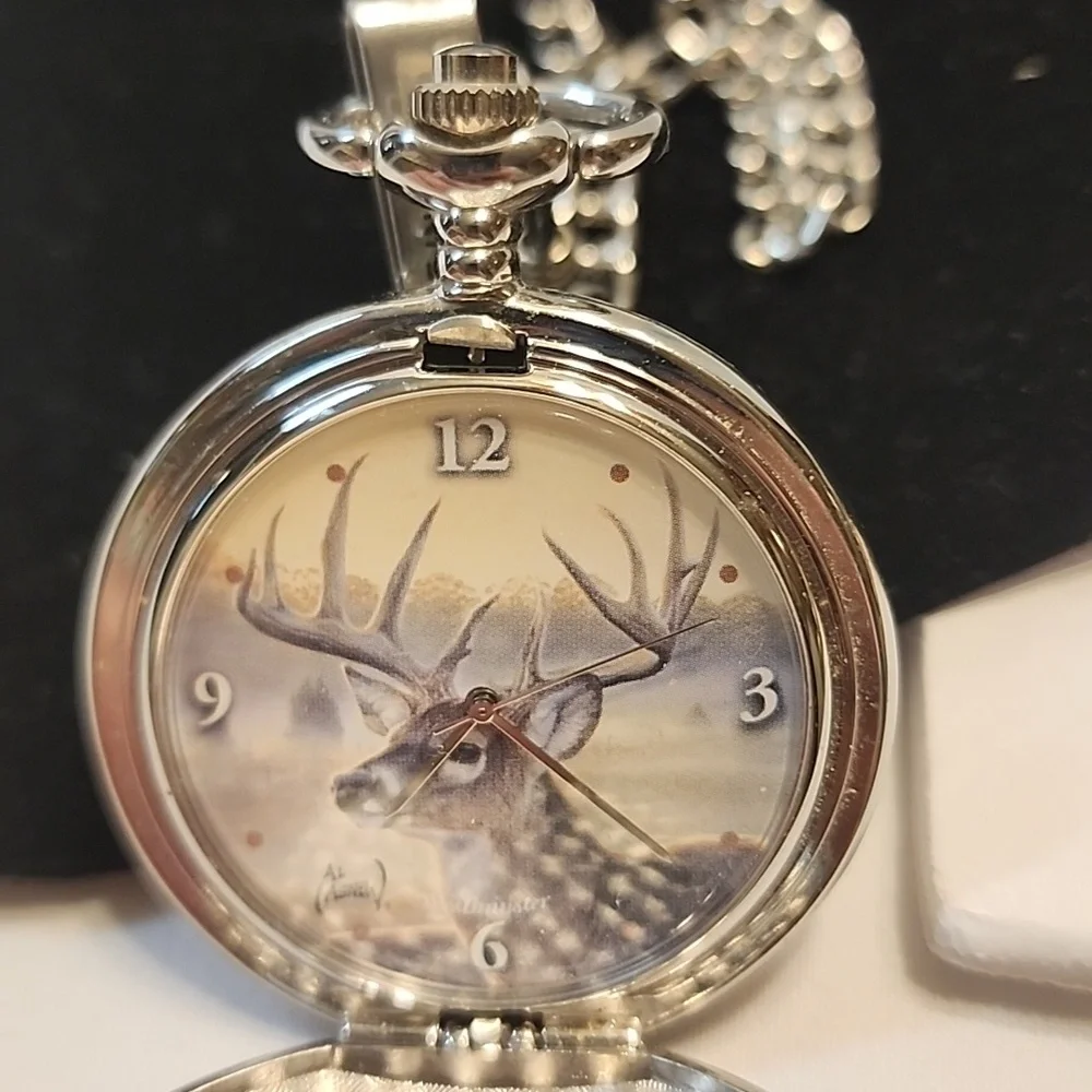 AL Cagney BY AVON pocket Watch With deer Inside And Outside + Chain